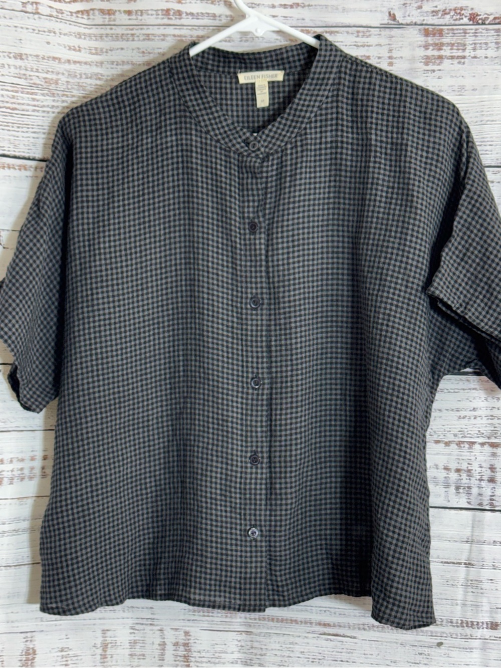 Eileen Fisher Top Womens Sz S check pattern shirt organic cotton Button Up Boxy